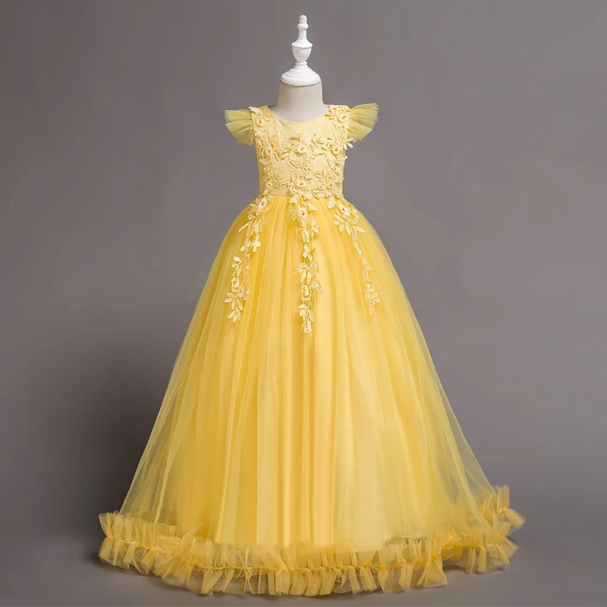 

Lovely Lace Dress Appliques Beaded Flower Girl Dresses Kids Ball Gowns Wedding Party Long Dresses Children Clothes