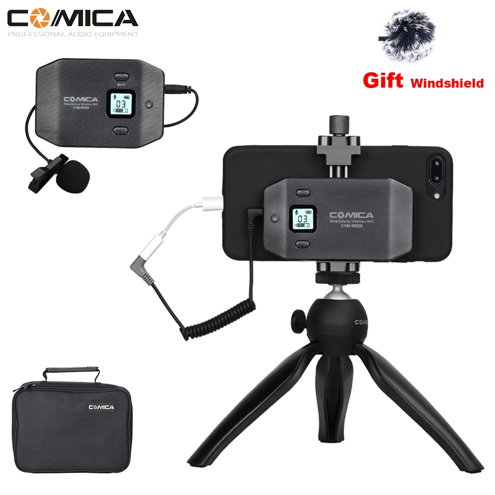 

Comica CVM-WS50 (C) 60m Range Wireless Lavalier Microphone 6-Channel Mini Tripod for iPhone Samsung Smartphone & Camera DSLR