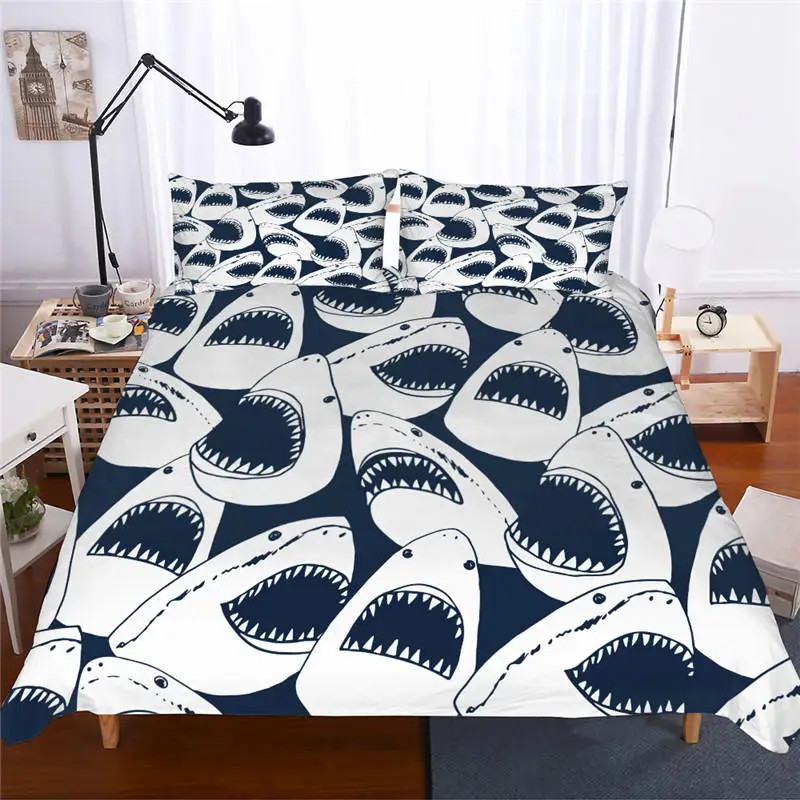 Постельное белье черного и белого цвета с принтом акул, цифровая печать, одиночное, королевское, 3D пододеяльник, набор постельного белья с изображением акулы