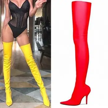 

Hot Selling Slim Fit Sock Style Thigh High Boots Satin Shoes Women Prom Party Shoes 2019