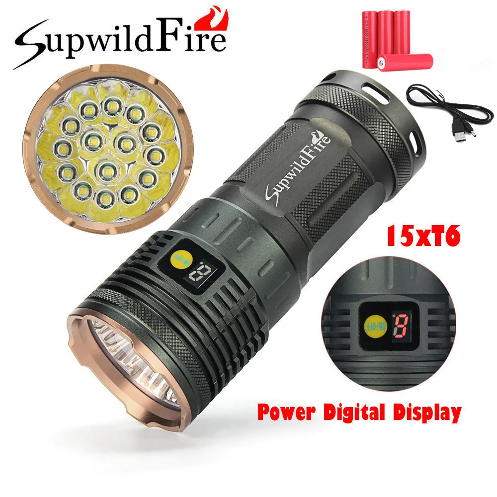 Supwildfire 18650 лм 15 x XM L T6 светодиодный мощный цифровой дисплей для охоты яркий Мощный
