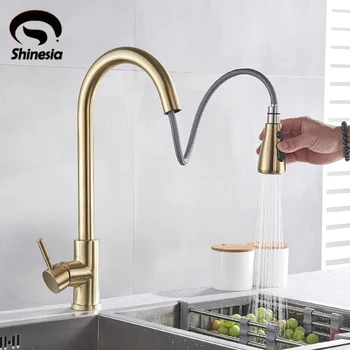 

Brushed Gold Kitchen Faucet Pull Out Sprayer Swivel Spout Mixer Tap Kitchen Sink Faucet 360 Rotation Kitchen Water Faucets