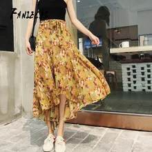 Летняя винтажная элегантная женская Праздничная Бохо юбка для пляжа с оборкой, Женская Асимметричная Цветочная печать, шнуровка, длинные женские макси юбки с подкладкой