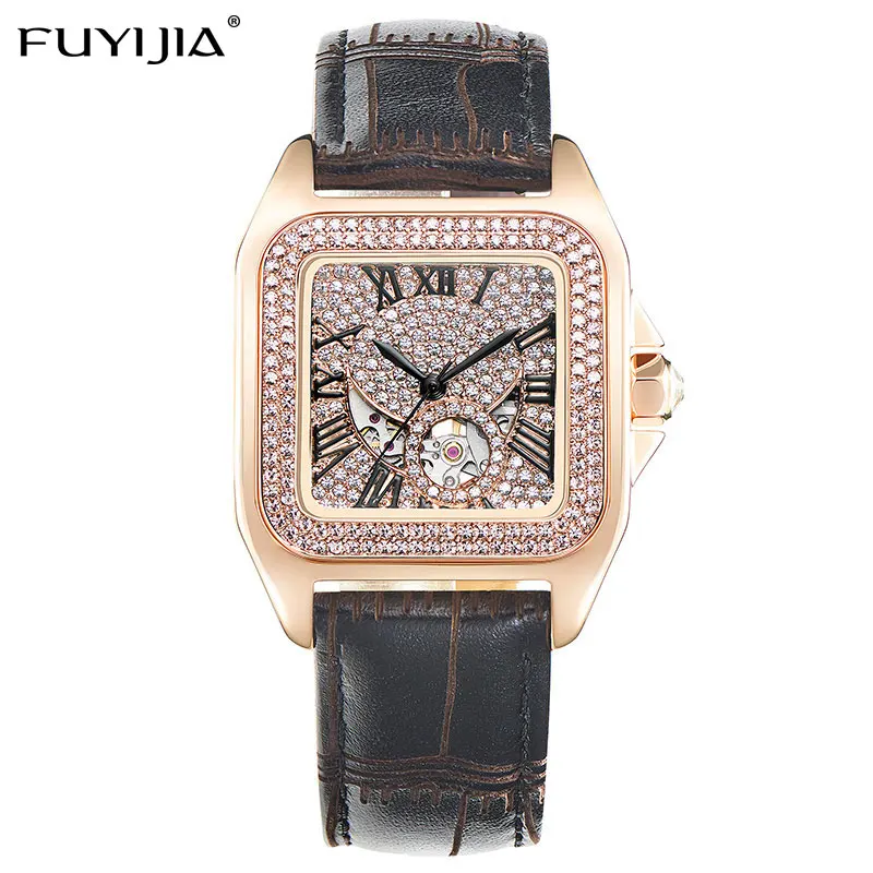 

FUYIJIA 2019 New Fashion Square Automatic Mechanical Watch Woman Ladies Watch Hollow Rose Gold Watches Full Diamond Female Clock