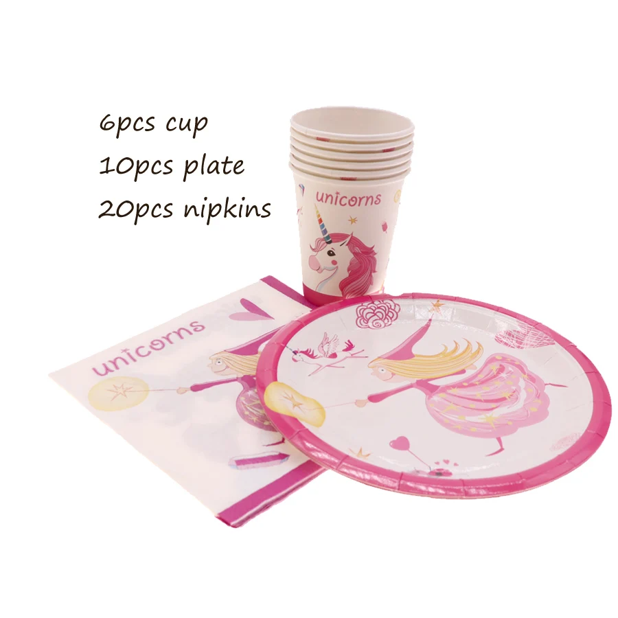 

36pcs/lot Disposable Tableware Set party Plates unicorn theme fairy Wedding Decor children kids Party Supplies
