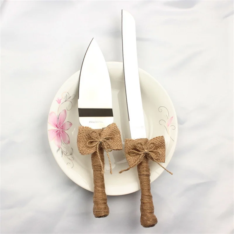 Новое поступление 2 шт./компл. Свадебный джутовый торт нож вилка с бантиком для украшения свадьбы
