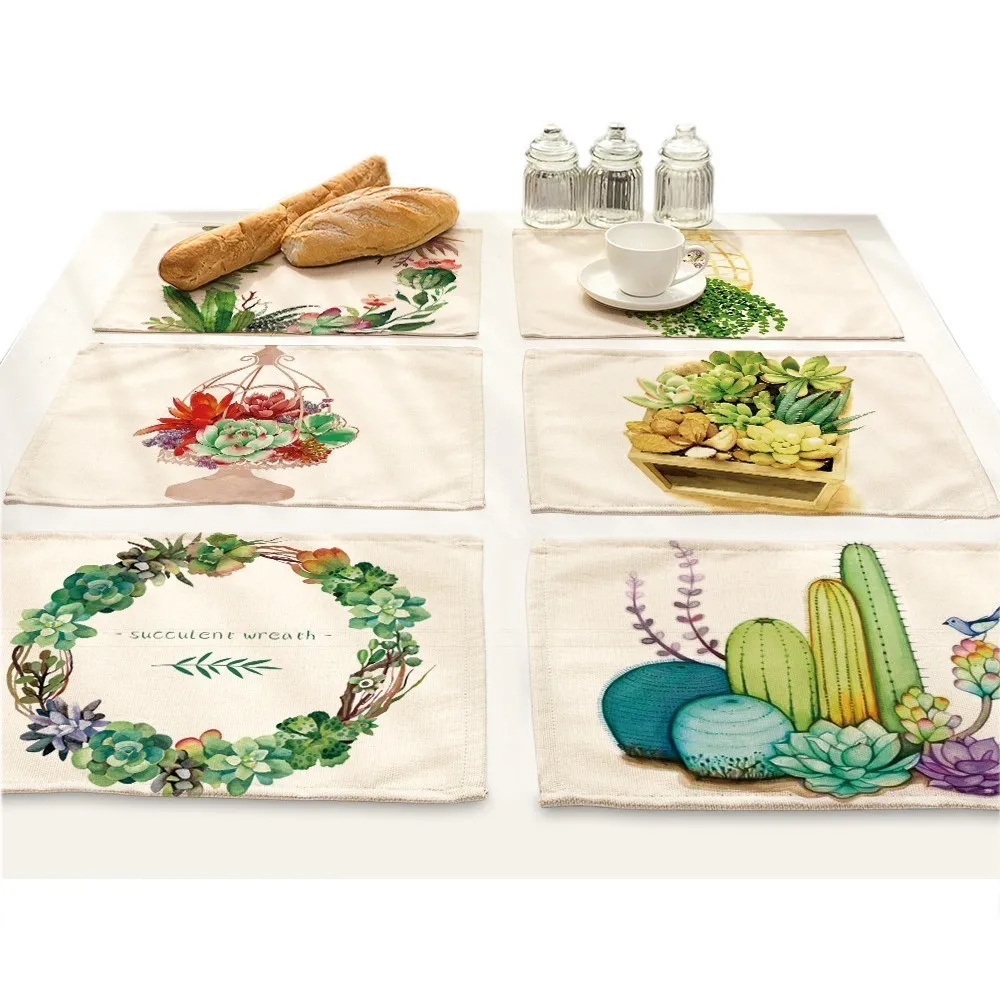 

Cactus Succulent Plants Flower Pot Print Cloth mat Placemat Dining Green Leaf Fabric Table Coasters Kitchen Home tablecloth
