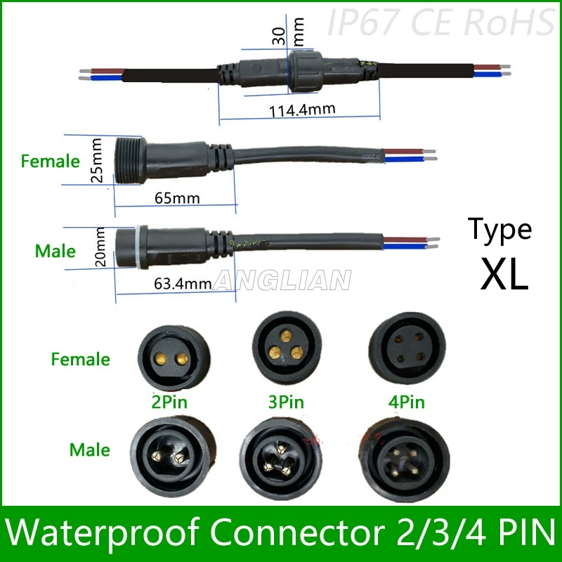 Водонепроницаемый разъем 5 пар ток 8A/12A/20A 2 pin / 3 4 с проводным кабелем IP67 гнездовой