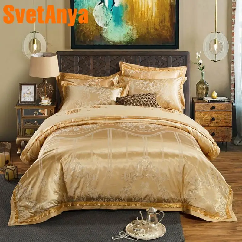 

Svetanya golden Bedlinen Adults flat Sheet Pillowcase Duvet Cover Bedding sets jacquard Pattern