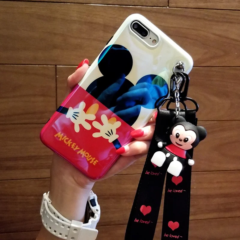 For iPhone 6s 6plus laser case cute for iPhone X Mickey cover for 7 8 soft silicone red phone shell+strap+toy mobile holder