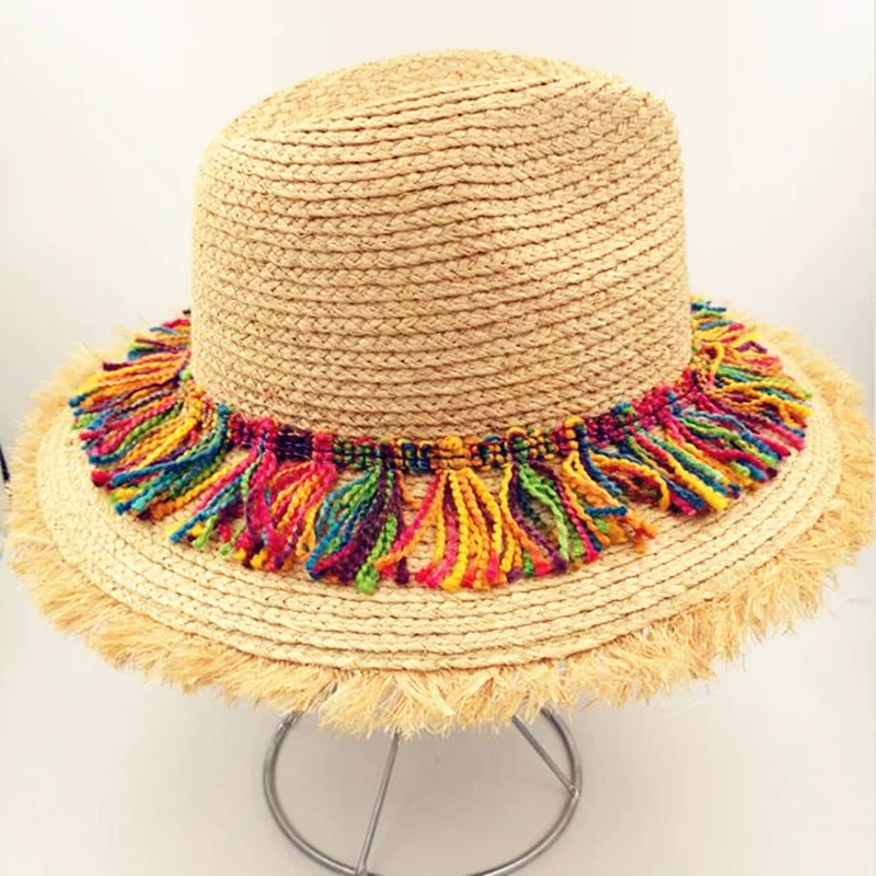 Модные богемные этнические пляжные шляпы, Женские соломенные шляпы с кисточками и большими полями