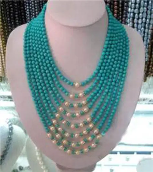 

8 Row 6mm Turkey Stone White Pearl Necklace Girl Fashion Jewelry Making Design Rope Chain Beads Necklace Natural Stone 17-24inch