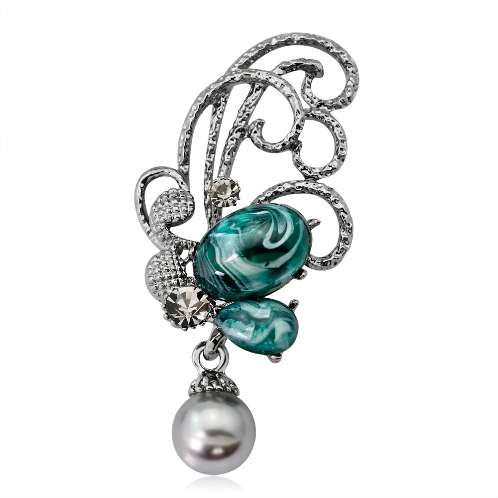 

BR0-0322 Fancy Christmas Gifts for women Natural Stone Beads Pave Silver Alloy Butterfly Brooch with pearl pendent