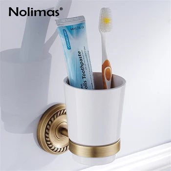 

Copper Toorhbrush Cup With Single Ceramics Cups Antique Wall Mounted Brass Toothbrush Holders Shelf Bathroom Accessories