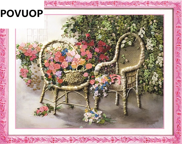 Вышивка из ленты POVUOP 70x55 см Новое поступление модные картины мебель романтичная