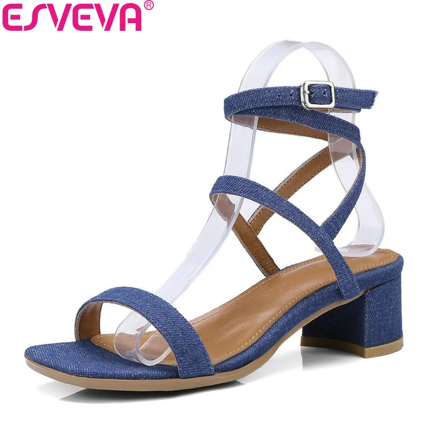 

ESVEVA 2018 Women Sandals High Heels Denim Summer Shoes Sandals Buckle Strap Square Heels Concise Sandals Women Shoes Size 34-40