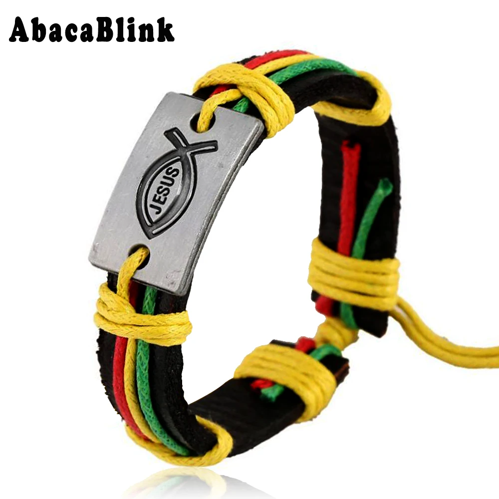 Rainbow Color String Jesus Fish Bracelets Men Leather Wristband Cuff