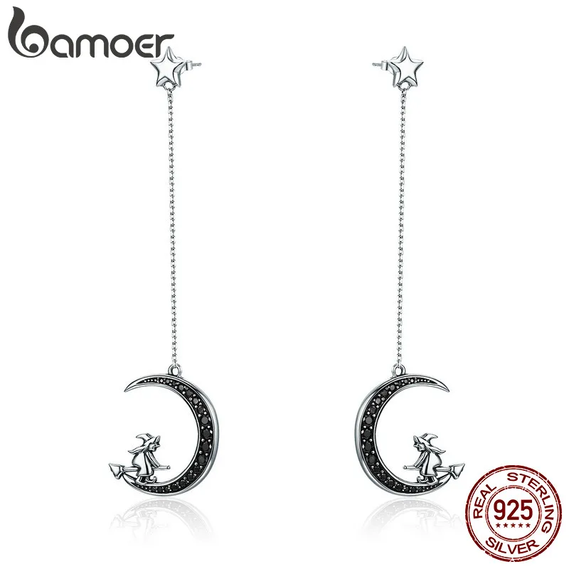 BAMOER Real 925 Sterling Silver Magic Witch in Moon Star Black CZ Long Drop Earrings for Women Sterling Silver Jewelry SCE287 BAMOER Real 925 Sterling Silver Magic Witch in Moon Star Black CZ Long Drop Earrings for Women Sterling Silver Jewelry SCE287
