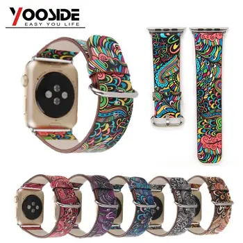 

For Apple Watch PU Leather Band Strap of 38/42mm Series 1/2 Flower Prints Vintage Floral National Folk Style Design Belt