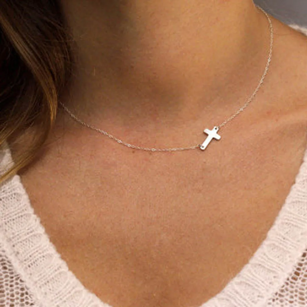 Simple Elegant Cross Choker Necklace Silver Clavicle Chains Statement