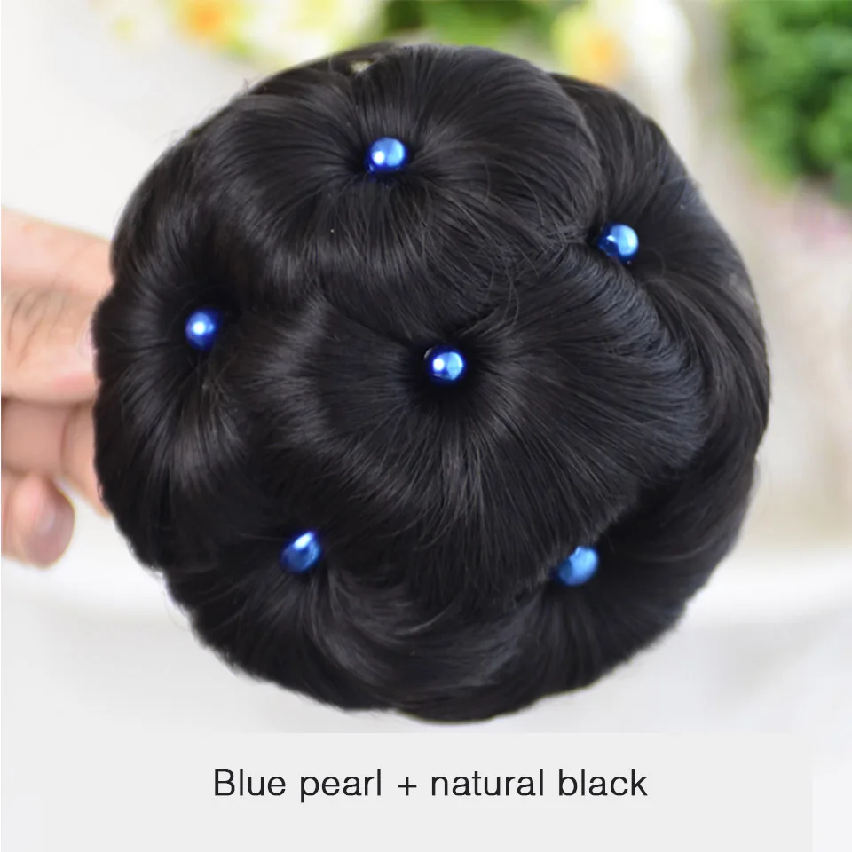 DIFEI волос для женщин жемчуг кудрявый шиньон волос булочка пончик клип в шиньон синтетический высокая температура волокно шиньон - Цвет: Blue natural black