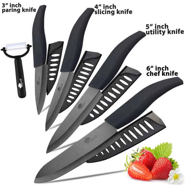 Керамический нож 3, 4, 5 дюймов+ 6 дюймов, кухонные ножи, набор для хлеба с зубцами+ Овощечистка, циркониевый черный нож, нож для шеф-повара, Vege, инструмент для приготовления пищи - Цвет: 3456 INCH BLACK