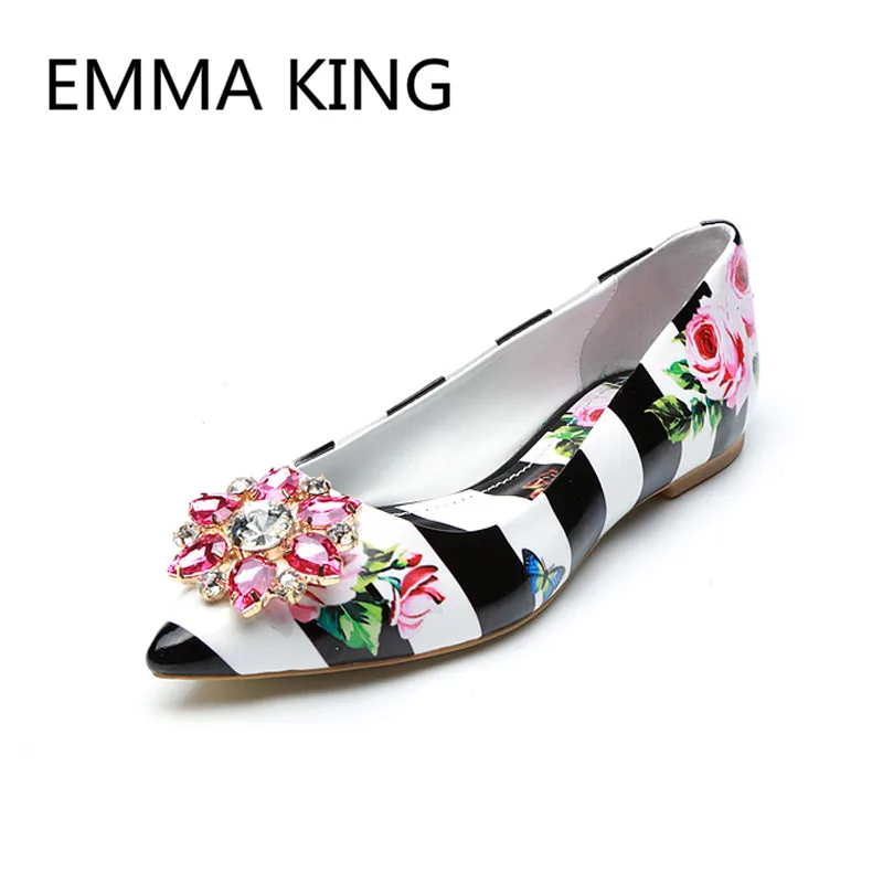 

2019 Runway Flowers Butterfly Prints Women Casual Leather Loafers Pointed Toe Shallow Spring Flats Slip On Ladies Oxfords Shoes