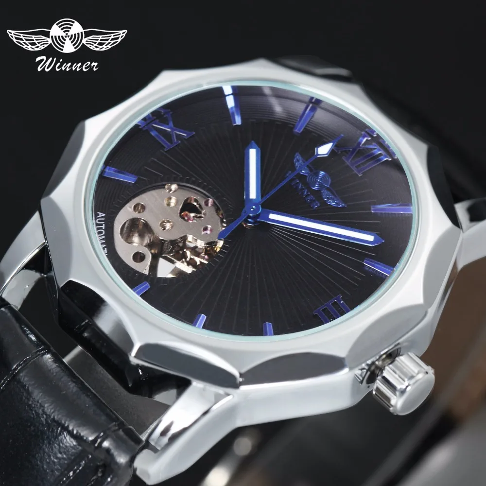 Winner Blue Exotic Dodecagon Design Skeleton Dial Men Watch Geometry Top Brand Luxury Automatic Fashion Mechanical Watch + BOX