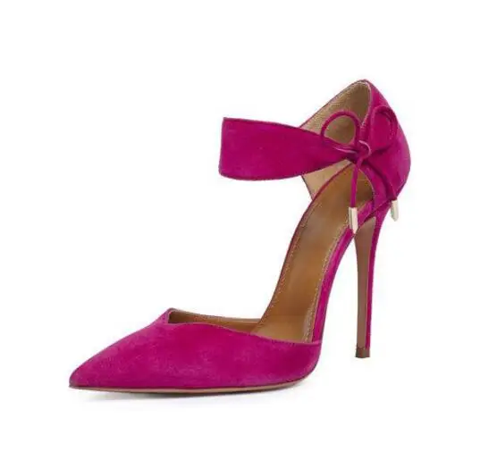 

New 2016 Elegant Celebrity Side Lace Up Bowtie Ankle Strap Party Shoes Thin High Heel Suede Leather Pointed Toe Dress Pumps Sand