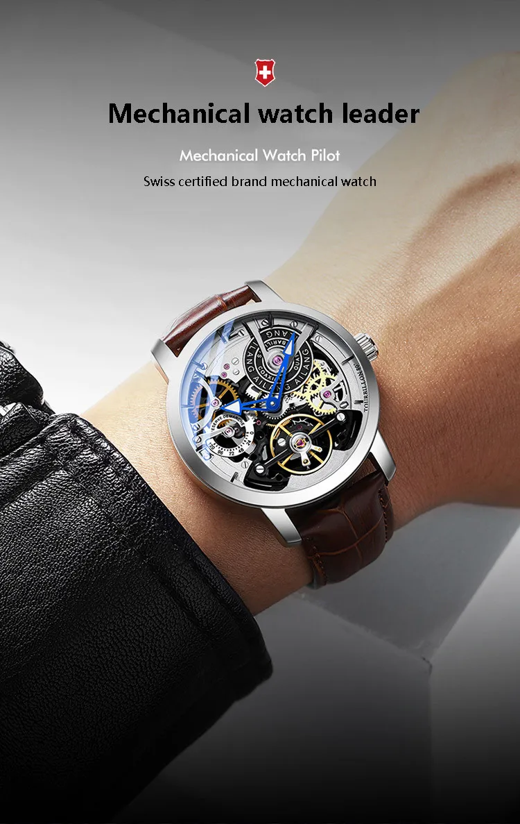 Бренд ailang Мужские автоматические часы Роскошные Механические часы со скелетом мужские черные часы из натуральной кожи Relogios Masculino