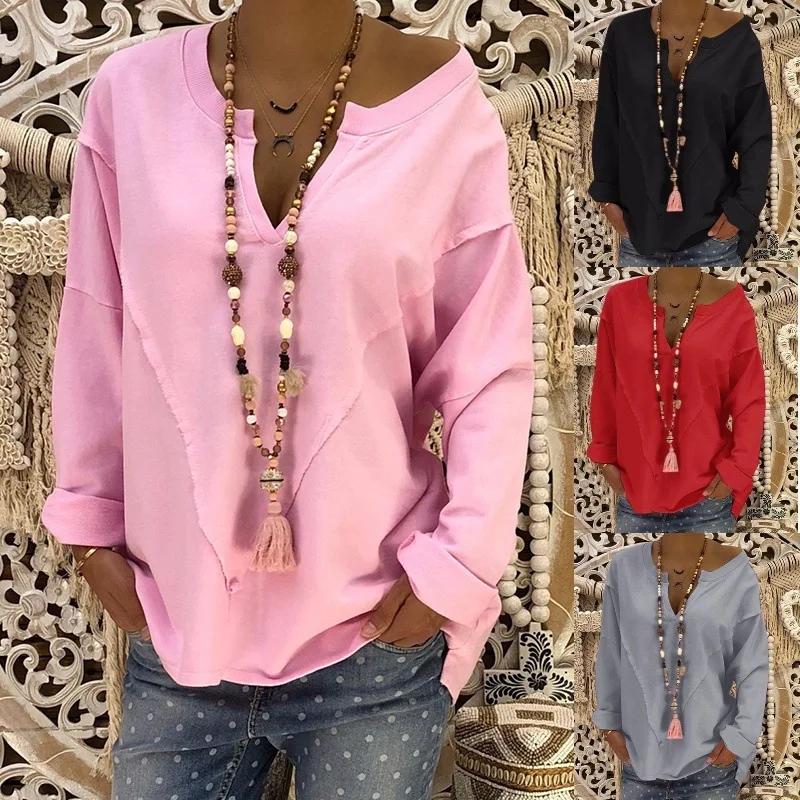 

S-5XL Large size ladies shirt 2019 spring and autumn new V-neck long-sleeved shirt casual solid color loose