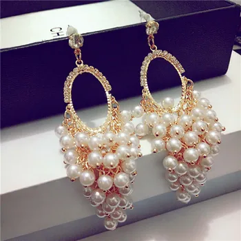 

Korean temperament long pearl tassel personality multi-storey Korean fashion exaggerated pendant drop earrings