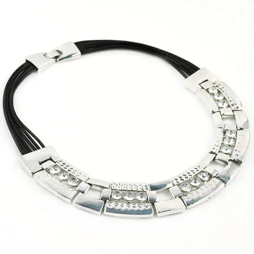 

High End Men And Women Wedding Jewelry Necklace Black Leather Chains Steel Silver Casting Rhinestone Choker Necklace , NL-1715
