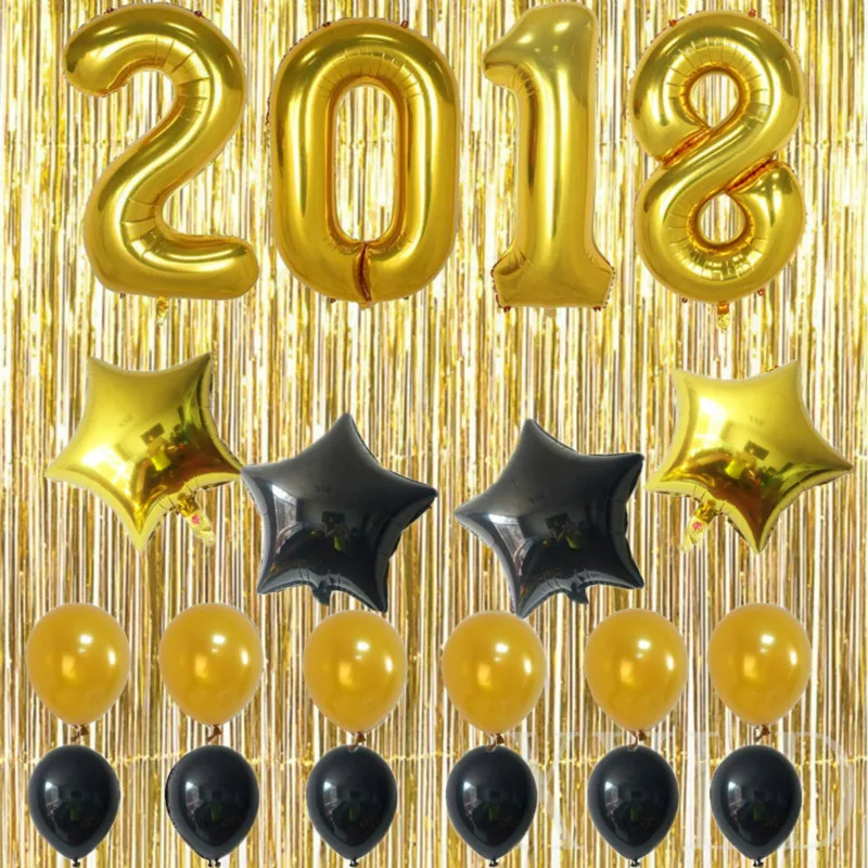 

20pcs 40inch number 2018 balloons with Gold Fringe Curtains for happy new year Christmas party decorations balloons
