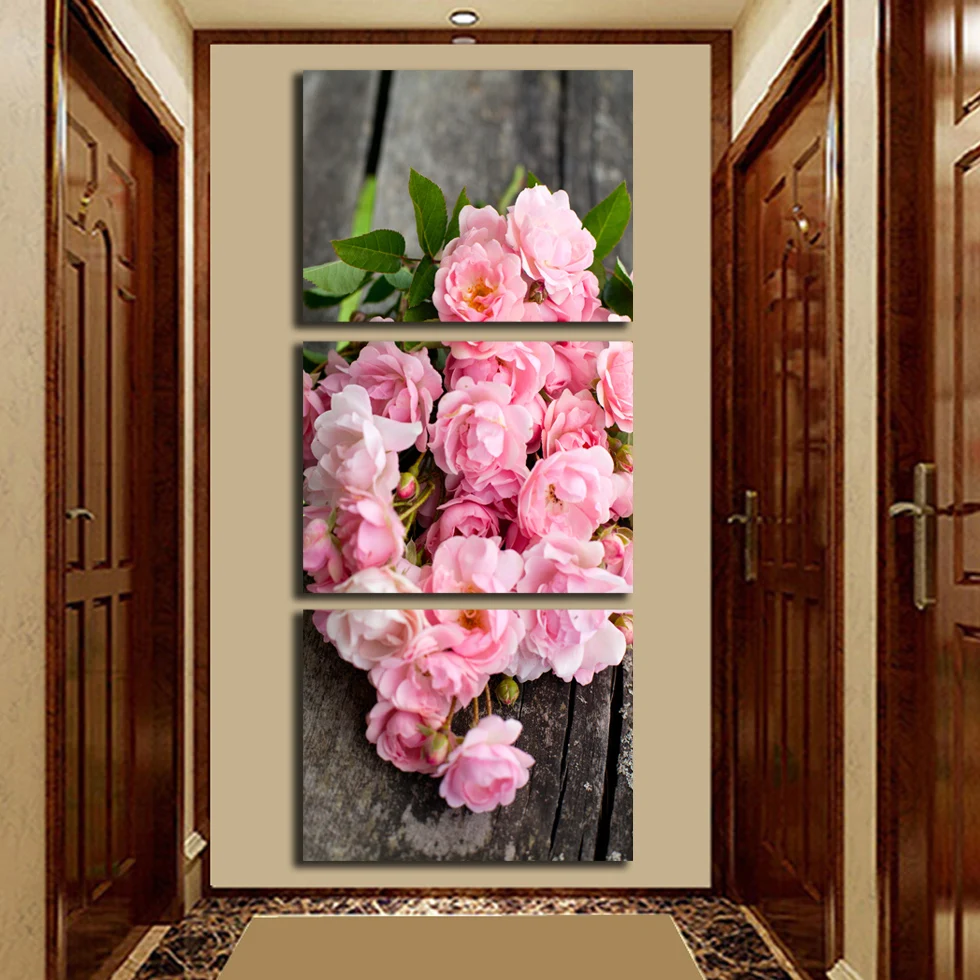 Free shipping 3 set Pictures Canvas Painting Pink Rose Flower Painting Wall Art Decorative