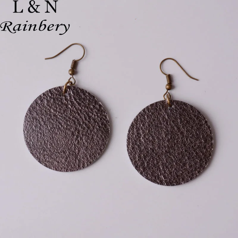 

Rainbery Drop Big Earrings Dangle Woman Flash Handmade Round PU Leather Earrings Antique Looking Jewelry JE0605