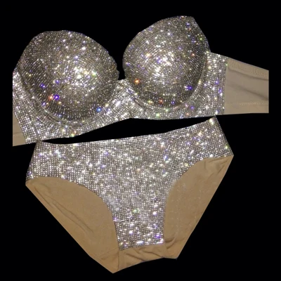 

BLING favors Crystals Rompers Women's sexy Jumpsuit Party Costume Stage Wear Bodysuit Women Singer Rhinestones Nude Color Outfit