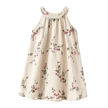 

Sweet Baby Girls Floral Halter Summer Dress Beige Bow Cotton Linen Dresses Princess Western Fashion Holiday Dress