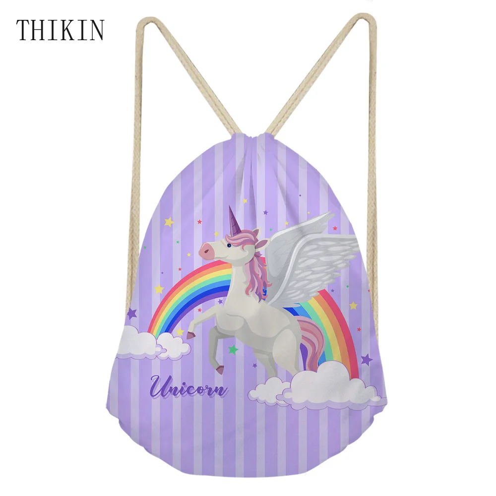 

THIKIN Rainbow Horse Printed Women Swim Bag Cute Unicorn Birthday Small Draw-string Backpack Kids Causal Sport Bags for Swimming