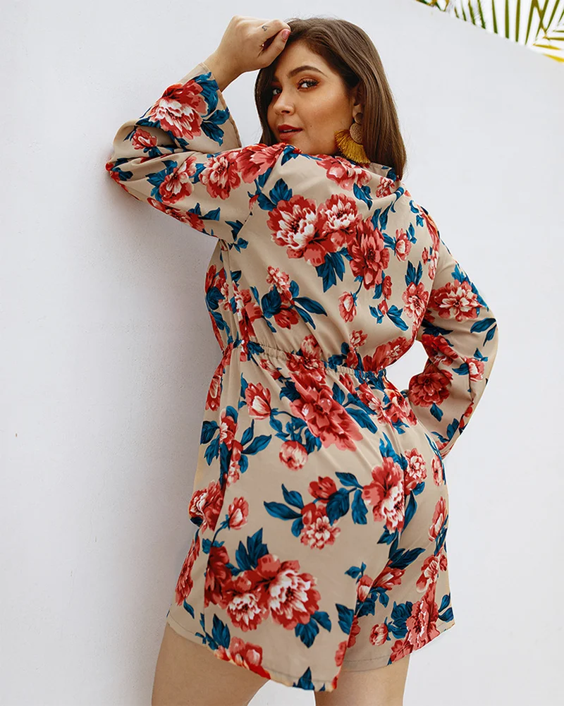 Original Design Spring and Summer Women's Large Size Jumpsuit Sexy Long-sleeved Printed Shorts Jumpsuit Women's Clothing 0533