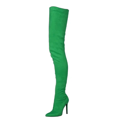 Женские сапоги с высоким голенищем 71 см замшевые эластичные сапоги высокие сапоги до бедра на высоком каблуке женские пикантные Сапоги выше колена с острым носком на молнии 35-44 - Цвет: Green