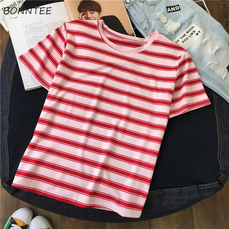 

T-shirts Women Striped Short Sleeve T-shirt Girls Ulzzang Tee Womens Classic Summer Student Top Korean Style O-Neck Chic Leisure