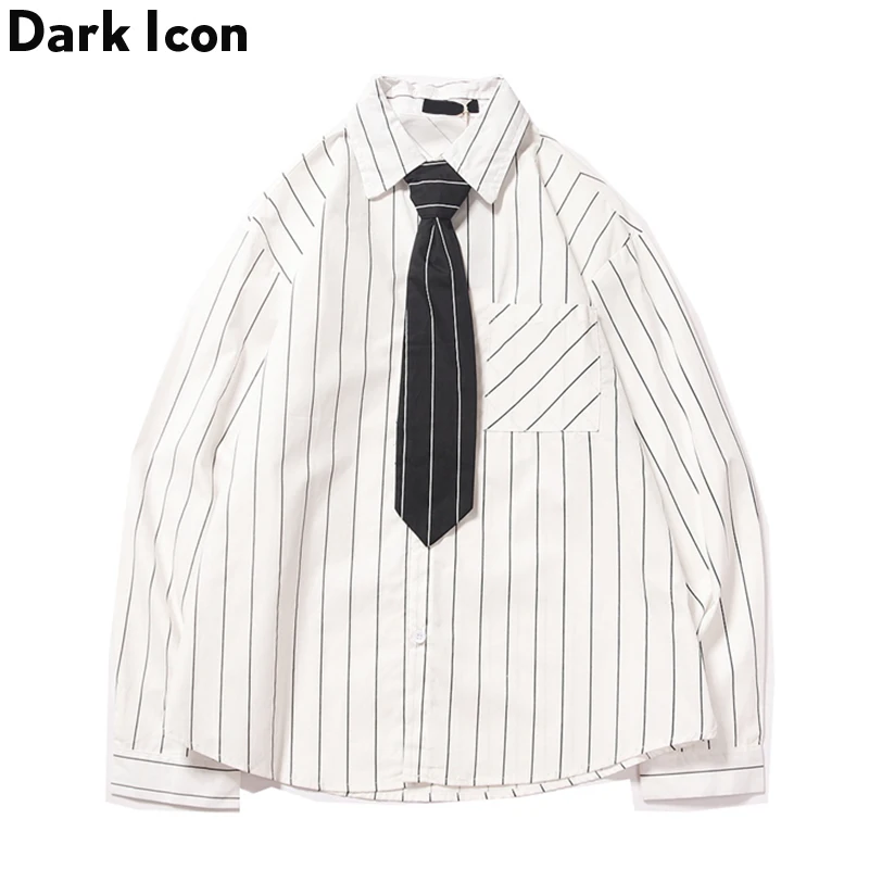 

Dark Icon Color Block Striped Shirt With Tie Men Turn-down Collar Loose Men’s Shirts Street Clothing For Man