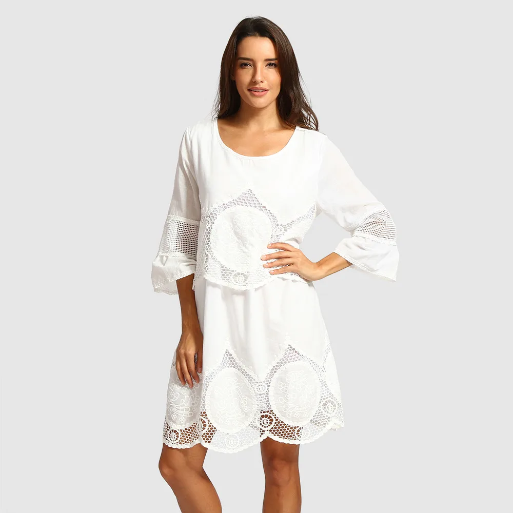 Women Dress Fashion Plus Size White Lace Embroidery Hollow-out Round Neck Boho Beach Dress O-Neck Solid Dress Freeship F#M30  (3)
