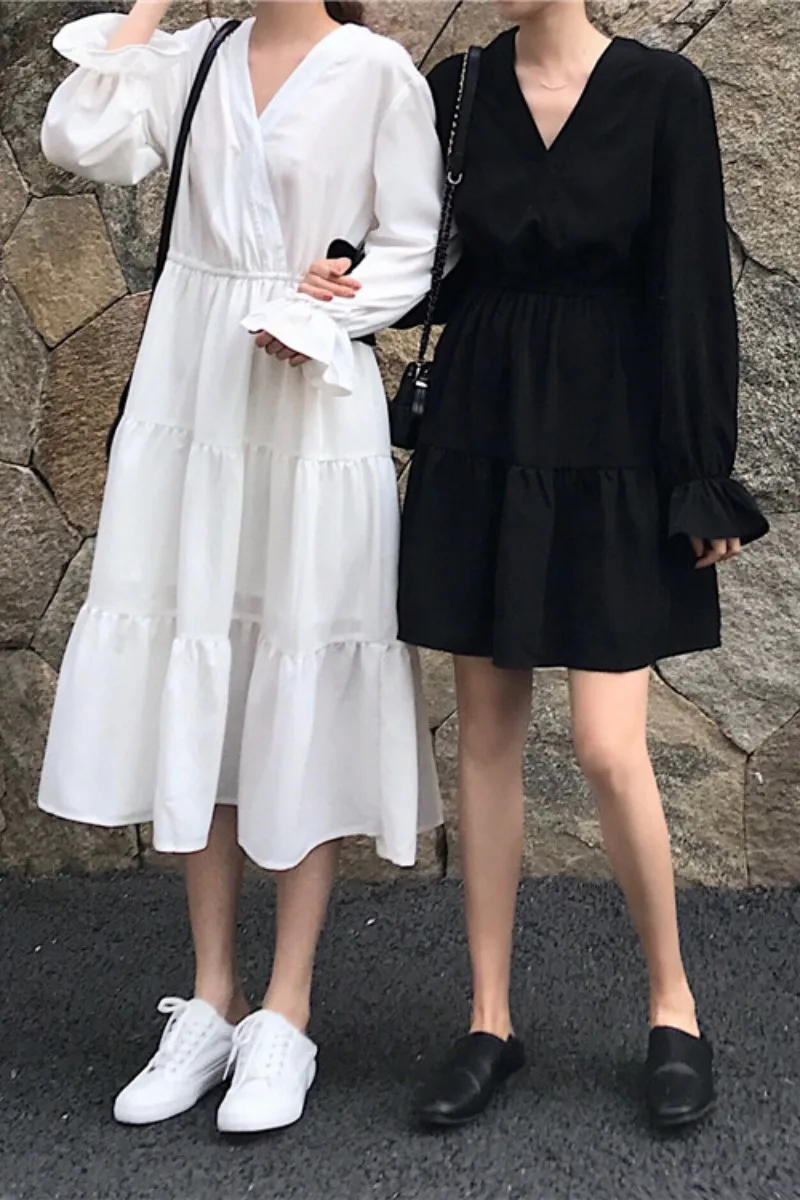 Весеннее и летнее винтажное платье, Корейская версия, рукав в форме листа лотоса, v-образный вырез, длинный рукав, свободное богемное длинное платье миди