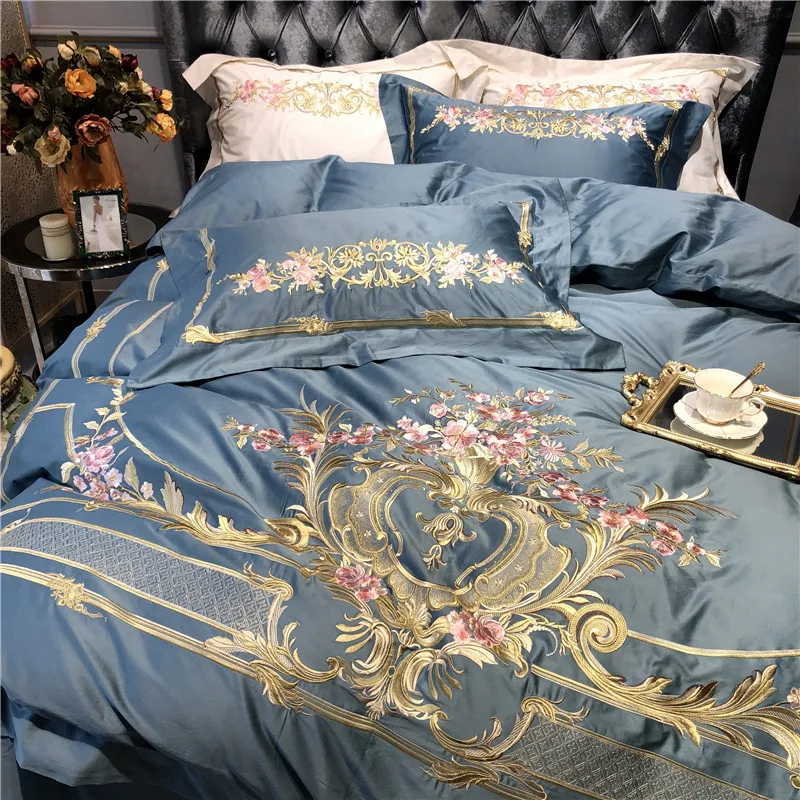 Best Champagne Blue White Luxury Royal Embroidery 100S Egyptian Cotton Palace Bedding Set Duvet Cover Bed sheet/Linen Pillowcases 49