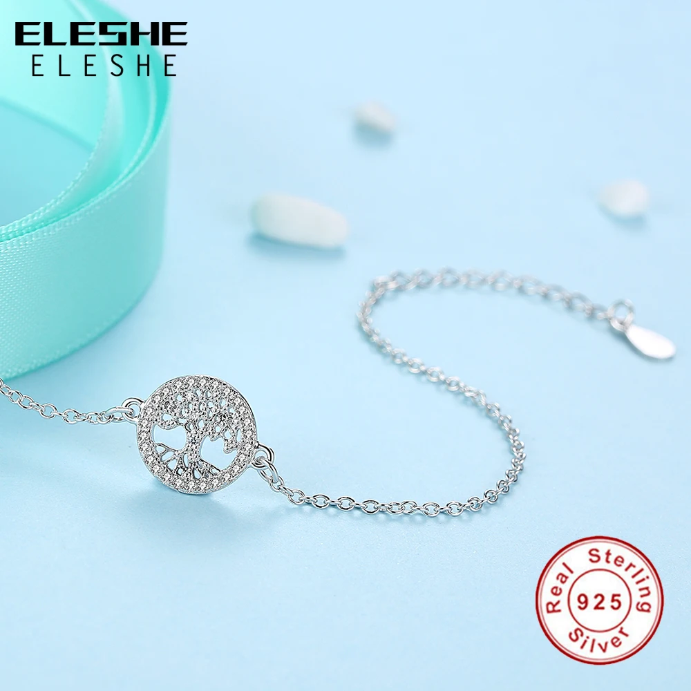 ELESHE 925 Sterling Silver Tree of Life Link Chain Bracelet Cubic Zirconia Charm Bracelet for Women Fashion Jewelry Pulseiras