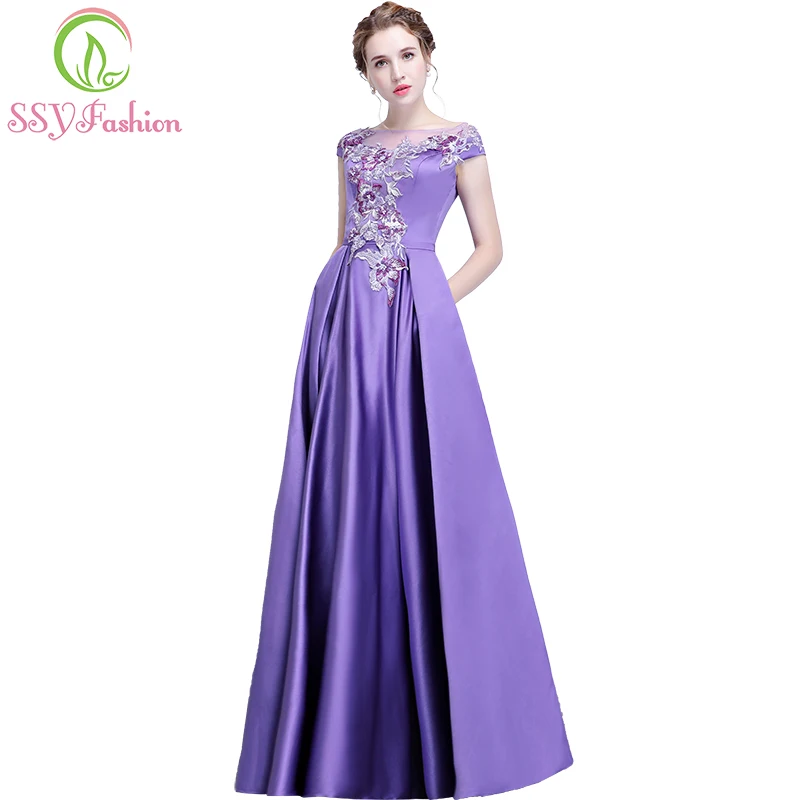 

SSYFashion New Purple Satin Flower Evening Dress The Bride Banquet Elegant Appliques Floor-length Prom Party Gown Custom Made