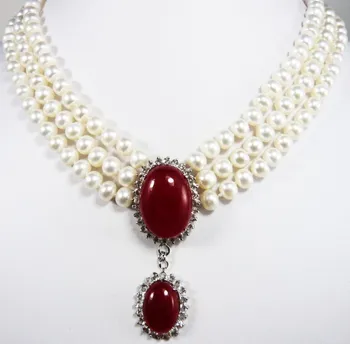

gift ! Wholesales -Jewelry Christmas Beautiful 3 rows White pearl & red jades pendant necklace