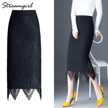 

Women Skirt Pencil High Waist Winter Warm Knitted Skirt With Slit Skirts Midi Office Women's Black Pencil Skirt With Lace Winter